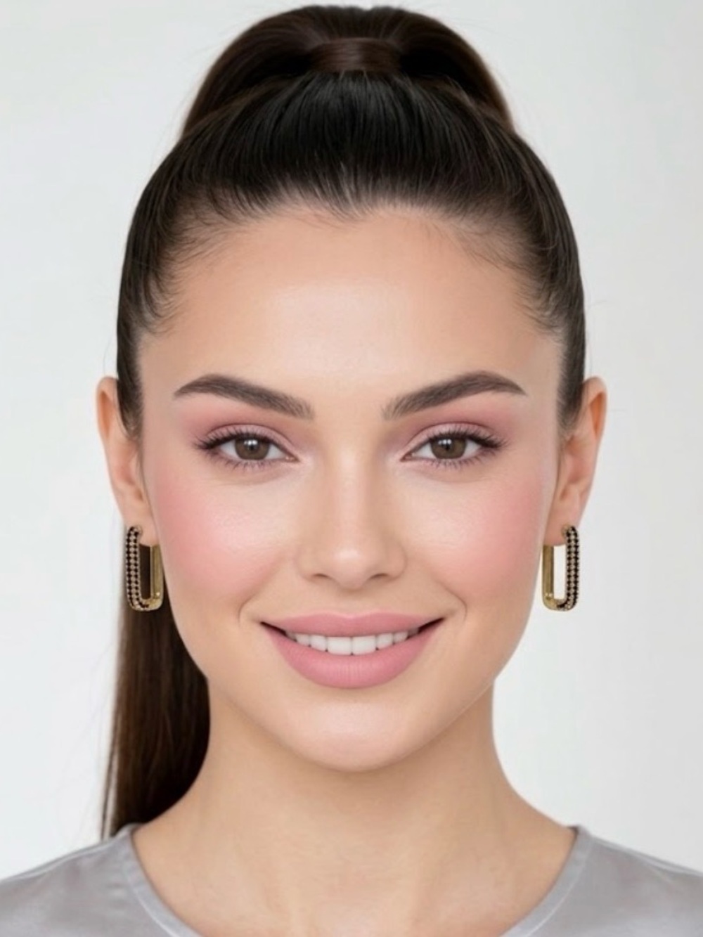 Gold Rectangular Hoop Earrings with Black Pavé Detail